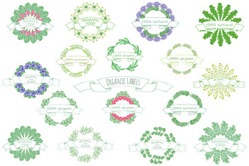 Hand drawn doodle floral wreaths. Organic food and cosmetics labels and elements,  for restaurants and products shops, fresh markets, farms, vegan food. Eco, Bio, Cartoon natural vector illustration.