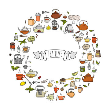 Hand drawn doodle Tea time icon set. Vector illustration. Isolated drink symbols collection. Cartoon various beverage element: mug, cup, teapot, leaf, bag, spice, plate, mint, herbal, sugar, lemon.