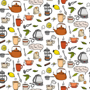 Seamless pattern Hand drawn doodle Tea time icon set. Vector illustration. Isolated drink symbols collection. Cartoon various beverage element: Mug Cup Teapot Leaf Bag Plate Mint Herbal Sugar Lemon