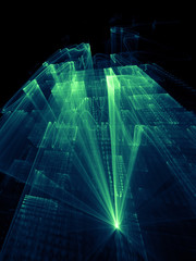 Abstract background element. Three-dimensional composition of wave shapes, grids and beams. Media information concept. Blue and black colors.