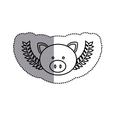 monochrome contour sticker with pig head and olive branchs and middle shadow vector illustration