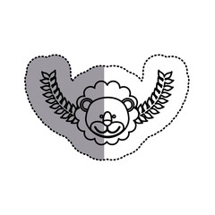 monochrome contour sticker with lion head and olive branchs and middle shadow vector illustration