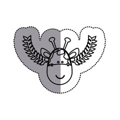 monochrome contour sticker with giraffe head and olive branchs and middle shadow vector illustration