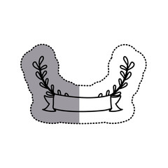 monochrome contour sticker with decorative half crown branch and ribbon and middle shadow vector illustration