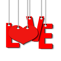 Letters love and heart hanging on a ropes