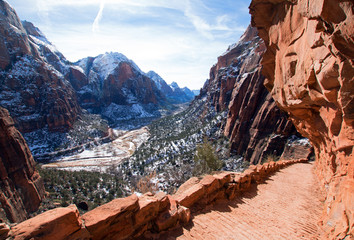 Angels Landing Hiking Trail in the winter high above the Virgin River in Zion National Park in Utah...