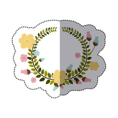 sticker colorful border of leaves with pastel flowers vector illustration