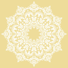 Oriental vector round white pattern with arabesques and floral elements. Traditional classic ornament. Vintage pattern with arabesques