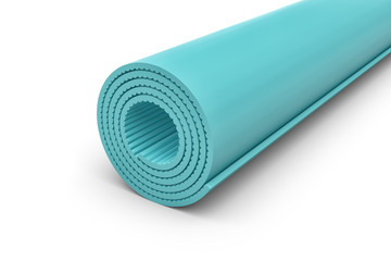 Rendering of blue rolled yoga mat on white background.