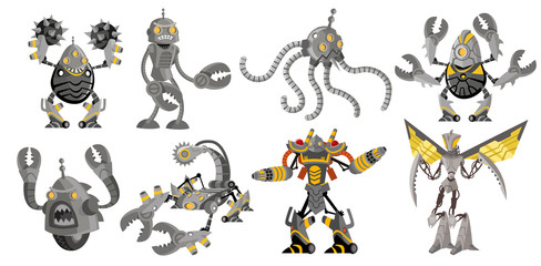 Naklejka premium eight powerful battle robots drones