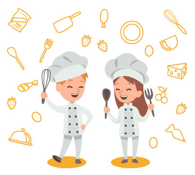 Happy kids is cooking and having fun in the kitchen vector desig