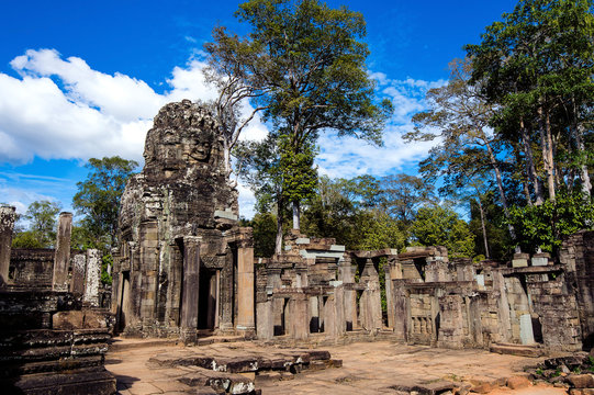 Bayon Temple with giant stone faces, Angkor Wat, Siem reap, Cambodia.