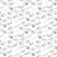Cute hand-drawn seamless pattern with healthy foods and vegetables