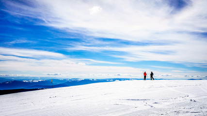 Spring Skiing at the Top of the World at Sun Peaks in the Shuswap Highlands of central British Columbia, Canada