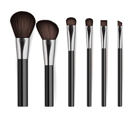 Realistic cosmetics brush set isolated on white background vector illustration. Facial makeup tools collection. Various fashion and beauty professional brush, decorative cosmetics concealer powder