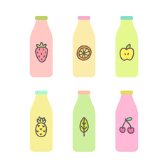 Six different bottles with nice or smoothie. Vector cartoon illustration