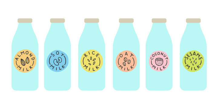 Bottles With Different Variation Of Plant Based Milk. Vector Hand Drawn Illustration