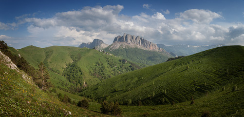 Caucasus mountains (Eastern and Western Acheshbok) under a blue