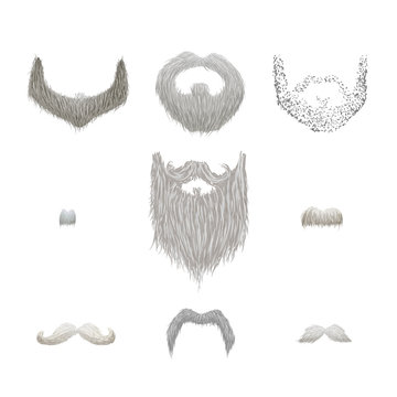 Set of detailed gray mustaches and beards on white