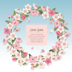 Vector illustration of a beautiful floral wreath with cherry blossom tree branches. Light blue background