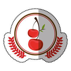 middle shadow sticker colorful with olive crown with cherrys in circle vector illustration