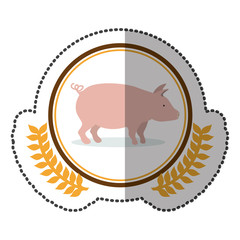 middle shadow sticker colorful with olive crown with pink pig in circle vector illustration