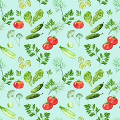 vegetable seamless pattern with tometoes, marrow, cucumber, dill and parsley watercolor. Hand drawn vegetables in watercolor style. Background for paper, textile, deciration and wrapping