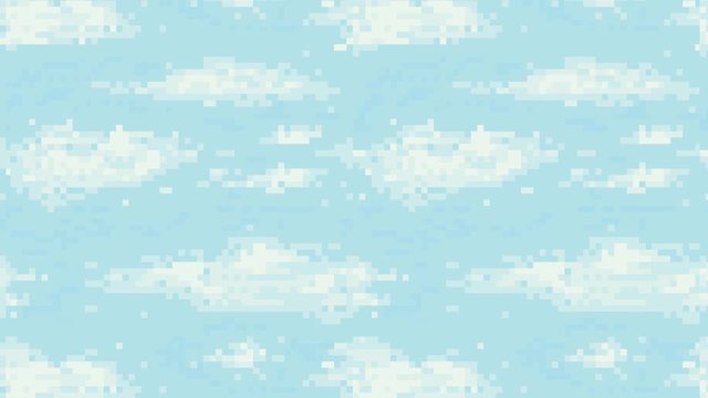 Retro video game pixel art blue sky background. Pixelated clouds HD animation.