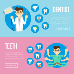 Male dentist in medical uniform with many hands holding instruments and sitting in lotus posture. Smiling dentist in white coat holding dental instruments. Dental office vector illustrations