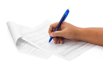 hand signing a paper isolated on white background with clipping path