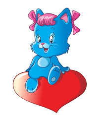 Cute little kitty with pink bows sittting on a heart. Isolated. Cartoon vector illustration for greeting and wedding cards and Valentine's Day