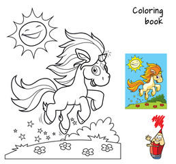 Cute little unicorn runs on the meadow. Coloring book. Cartoon vector illustration