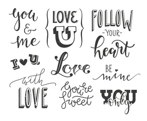 Set of romantic calligraphic headlines for Valentines Day design. Vector handwritten collection.