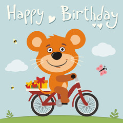 Happy birthday! Funny mouse on bike with gifts. Birthday card with cute mouse in cartoon style.
