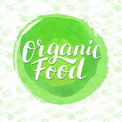 Organic food lettering. Organic logo on green watercolor circle