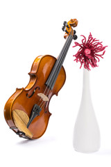 Obraz na płótnie Canvas Натюрморт со скрипкой, белой вазой и цветком из шерсти на белом фоне 