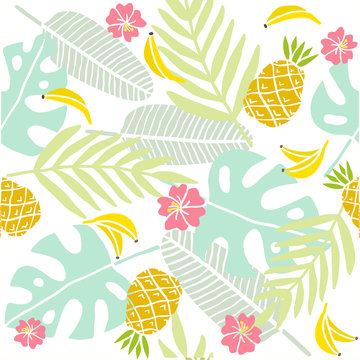 Tropical background. Palm leaves, exotic fruits. Vector hand drawn seamless pattern. 