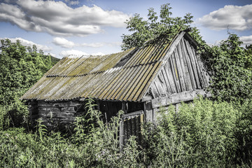 Fototapeta na wymiar Old abandoned wooden hut, overgrown grass on a bright sunny summer day.