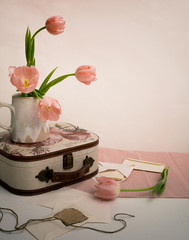 bouquet of tulips and an old suitcase on the table, Provence, Shabby Chic