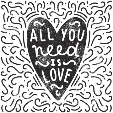 All you need is love. Heart silhouette, doodles and hand written text. Vector illustration