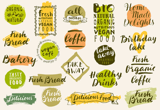 Bio organic labels set. Fresh Bread Bakery. Farmers' Market. Food and drinks for healthy life. Fresh organic food and coffee labels collection. Logo templates. Beautiful calligraphic badges