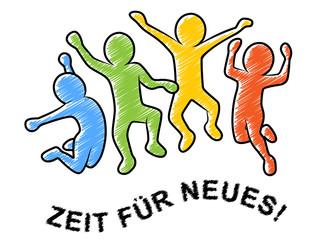 Farbige Strichmännchen beim Luftsprung / ZEIT FÜR NEUES!