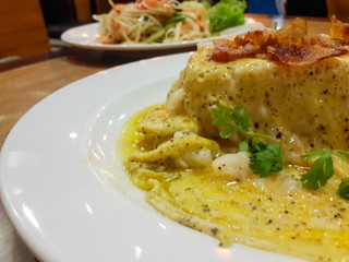 closeup of a plate with a typical tortilla de patatas, spanish o