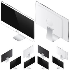 Isometric black and white  monitors or computer set with metal polished frames