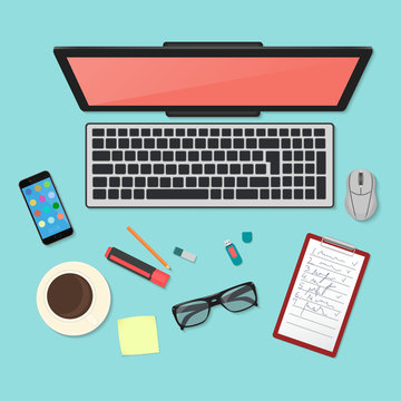 Realistic technology workplace organization. Top view of color work desk with laptop, smartphone, tablet pc, diary, glasses, and coffee mug.