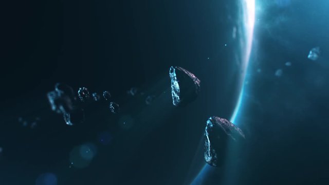 3D animation of asteroids flying through solar system with planet and blue light in the background