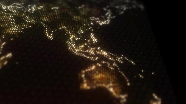 Digital animation of illuminated continents with flying lights on black background
