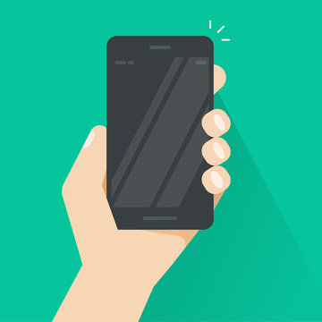 Hand holding smartphone vector, black mobile phone in hand illustration isolated on color background with empty screen, flat style