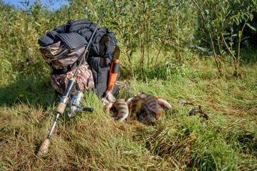 Fishing trip with a backpack.