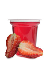 Jam in plastic with raw fruit on white background